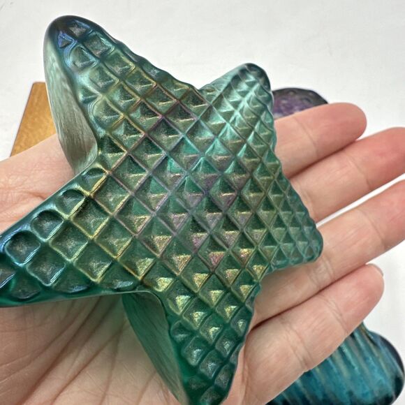 3 Robert Held Heart Glass Paperweight Teal Iridescent Lattice Grid Star Signed - Picture 11 of 11